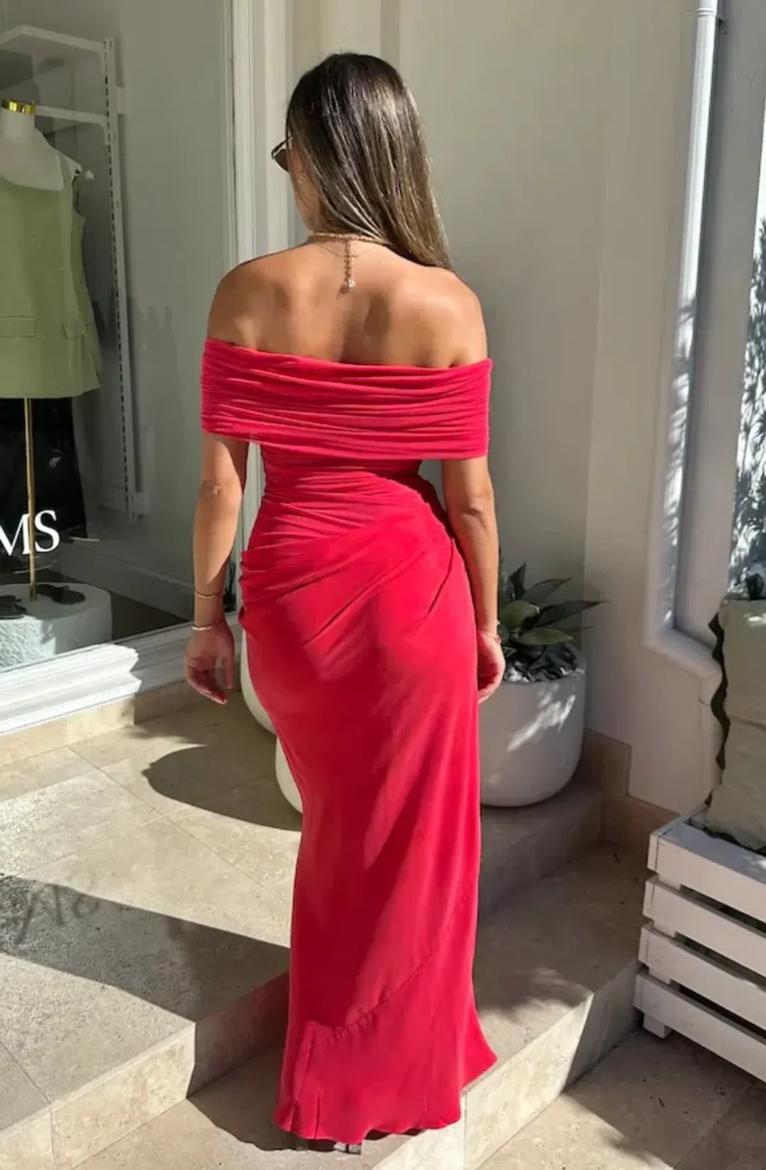 BENNI Nico Off Shoulder Maxi Dress - Watermelon Size 6 for rent on The Volte - main image