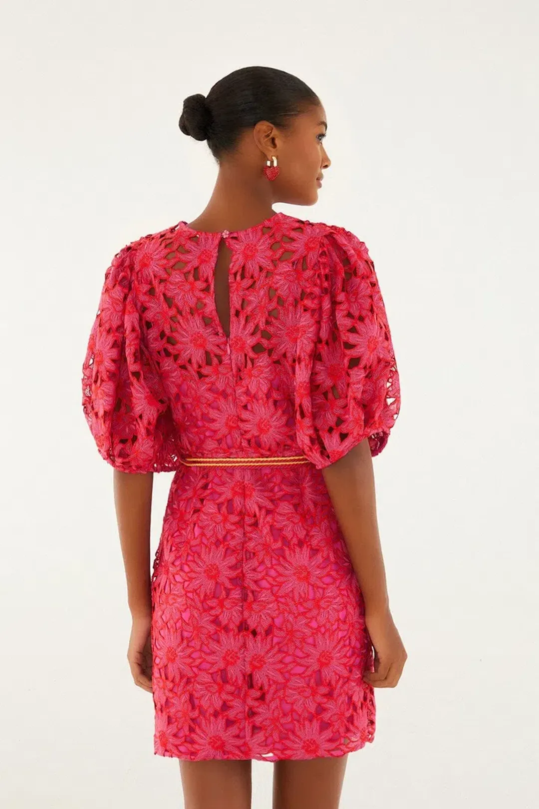 Farm Rio Pink Flowered Lace Puff Sleeve Lined Mini Dress XL / AU 14 for rent on The Volte - main image