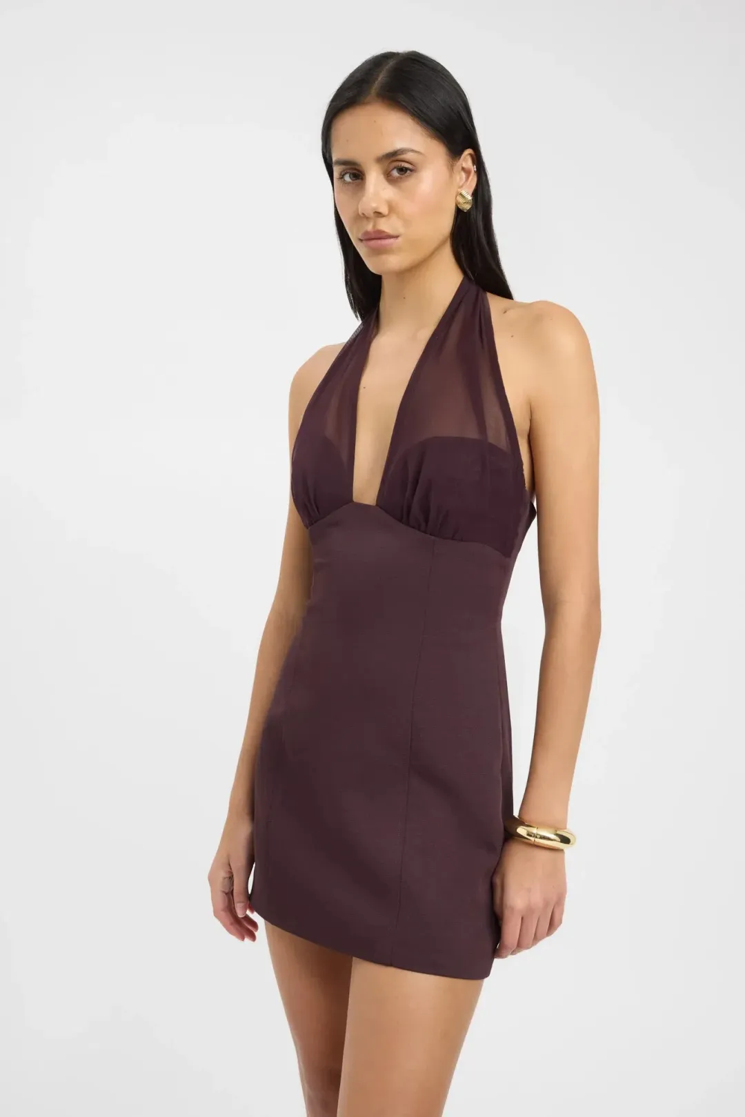 Kookai Oyster Mesh Mini Dress in Mahogany Size 12 for rent on The Volte - main image
