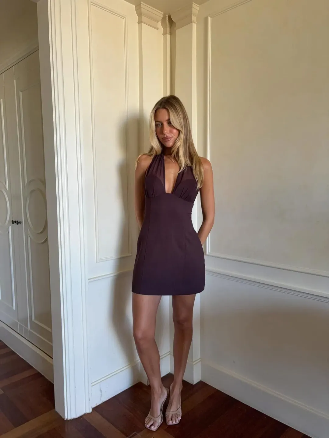 Kookai Oyster Mesh Mini Dress in Mahogany Size 12 for rent on The Volte - main image