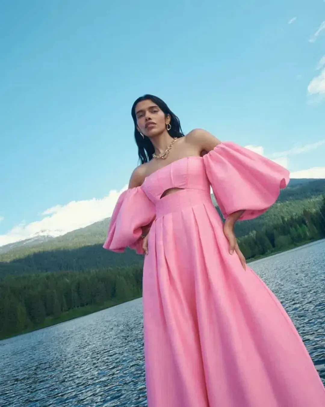 AJE - Eugenie Off Shoulder Midi Dress - Pink for rent on The Volte - main image