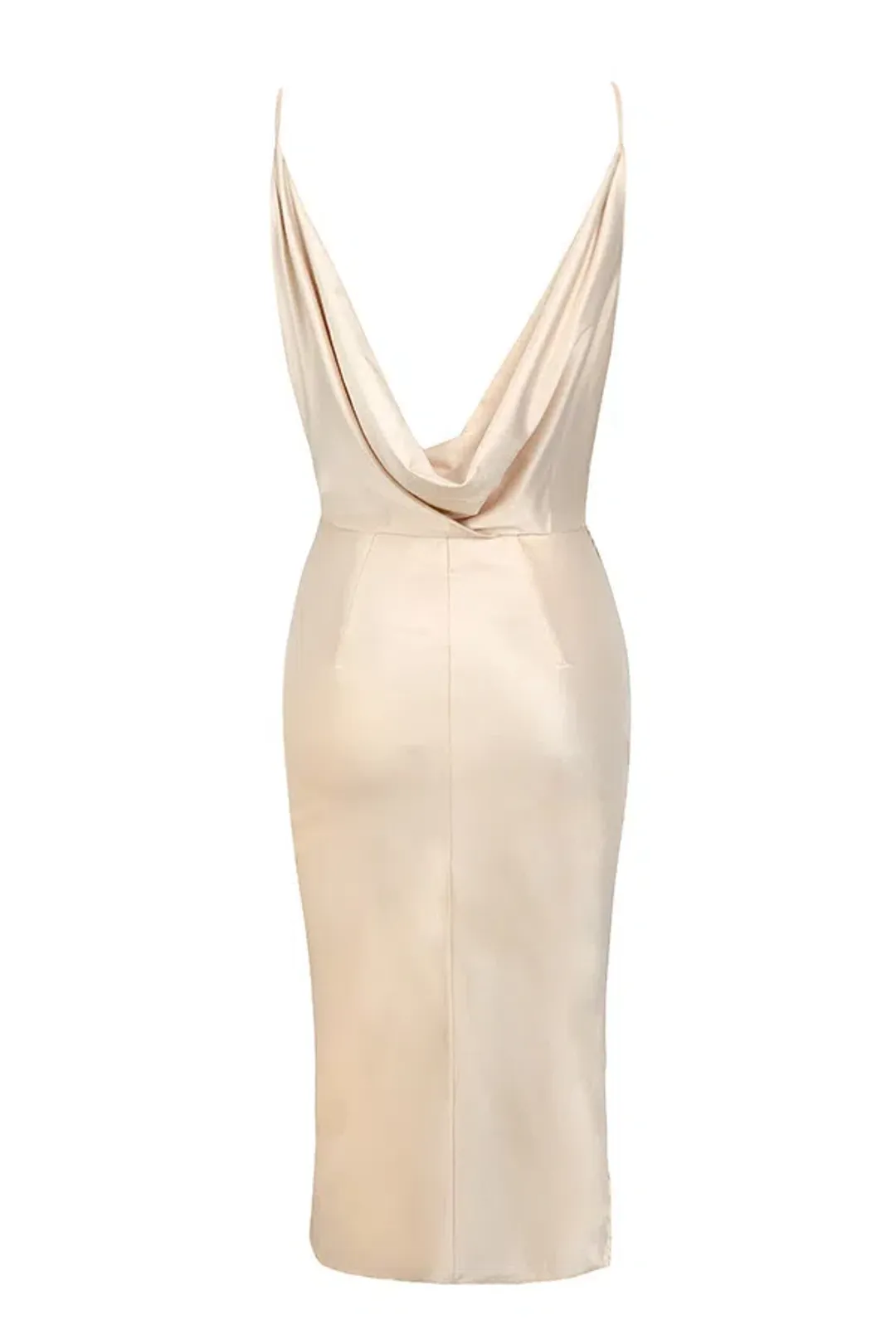 House of CB "Coco" Satin Drape Back Midi Dress Nude Size 6 for rent on The Volte - main image