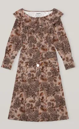 GANNI Ruffle Mushroom brown floral organic cotton poplin button dress - Size 38 (10) for rent on The Volte - image 2
