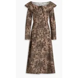 GANNI Ruffle Mushroom brown floral organic cotton poplin button dress - Size 38 (10) for rent on The Volte - image 1