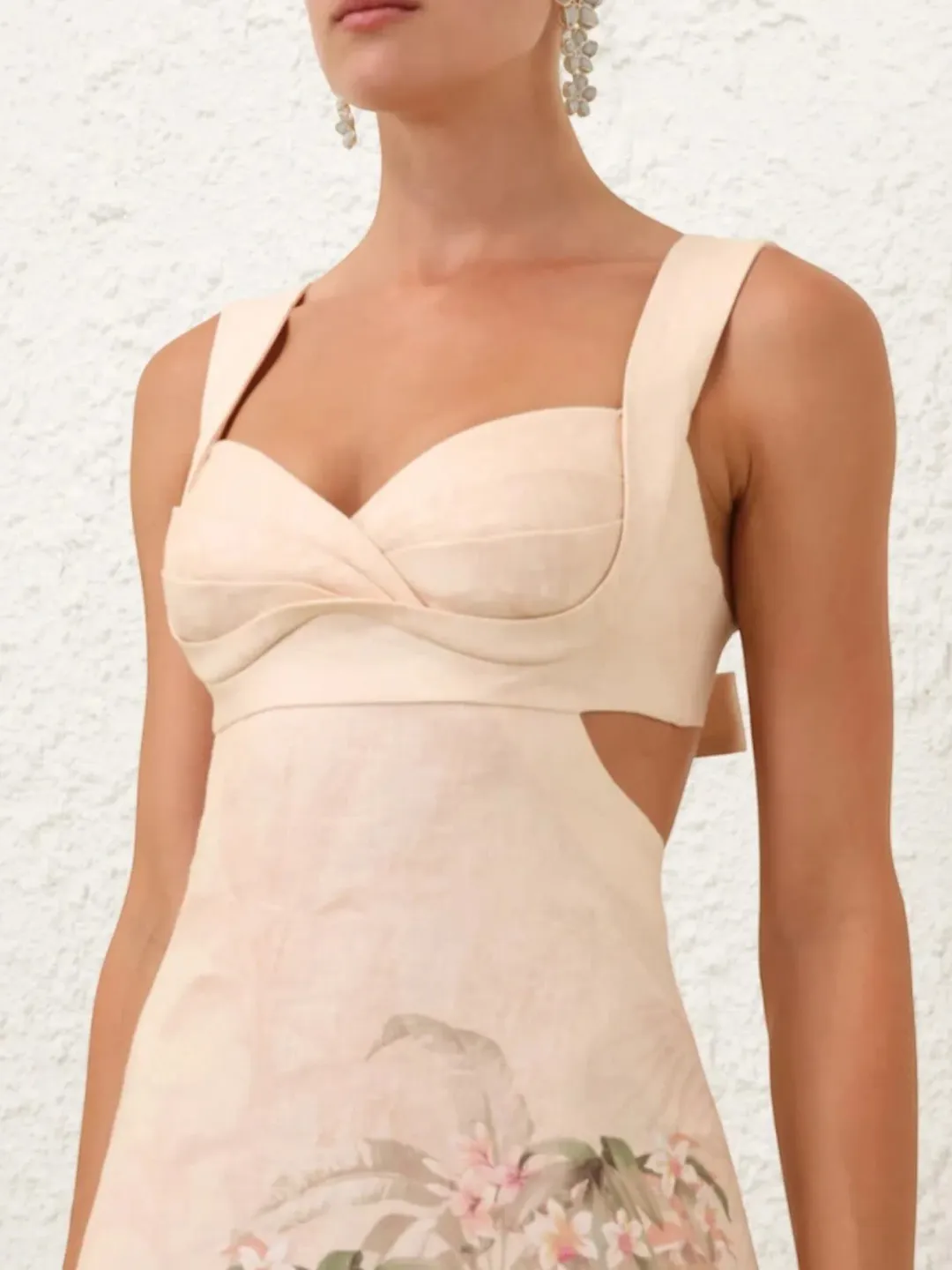 Zimmermann Illuminate Midi Dress Size 3 / AU 14 Linen Floral Print Cut Out Back Bodice Dress for rent on The Volte - main image