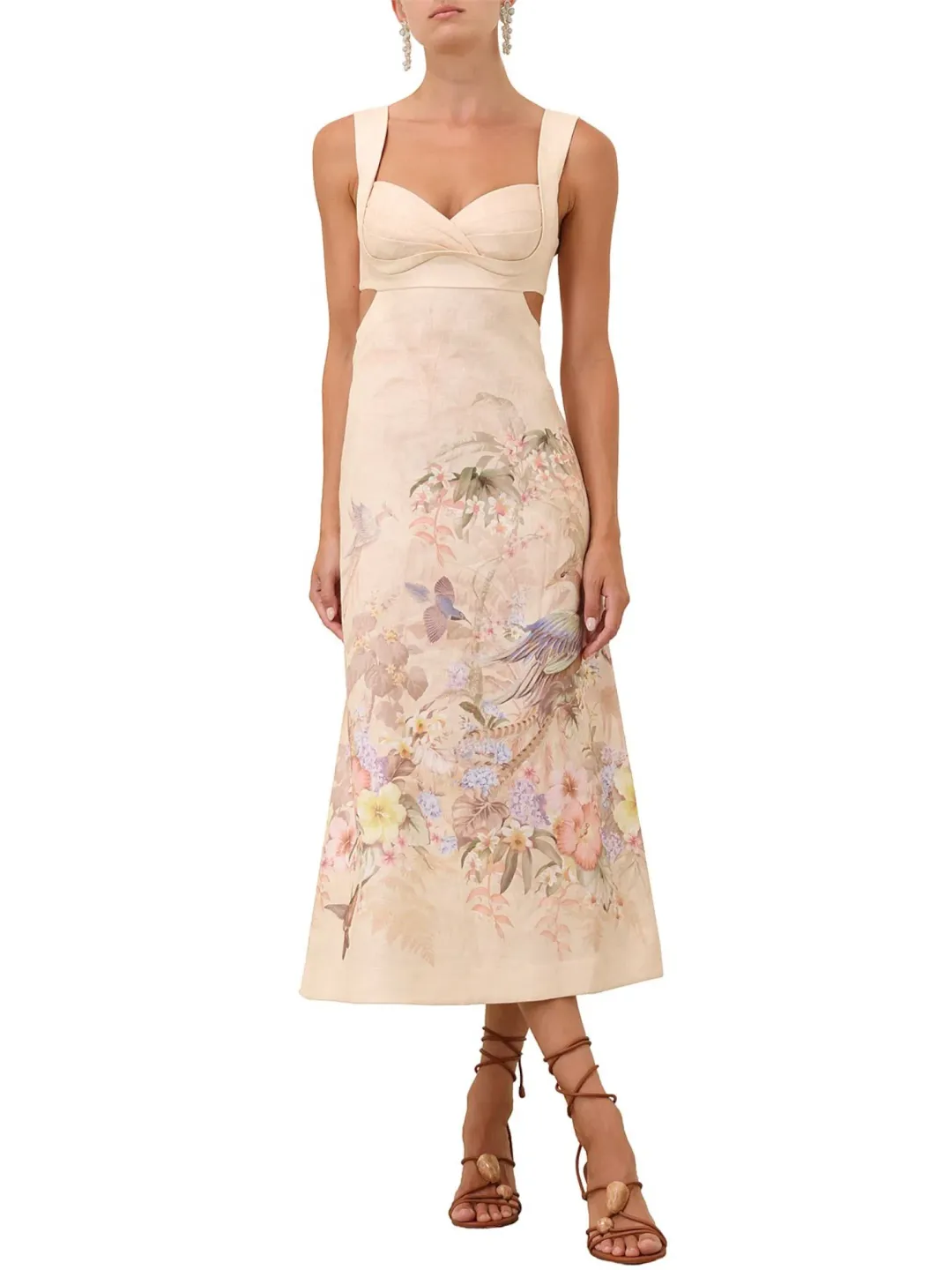 Zimmermann Illuminate Midi Dress Size 3 / AU 14 Linen Floral Print Cut Out Back Bodice Dress for rent on The Volte - main image