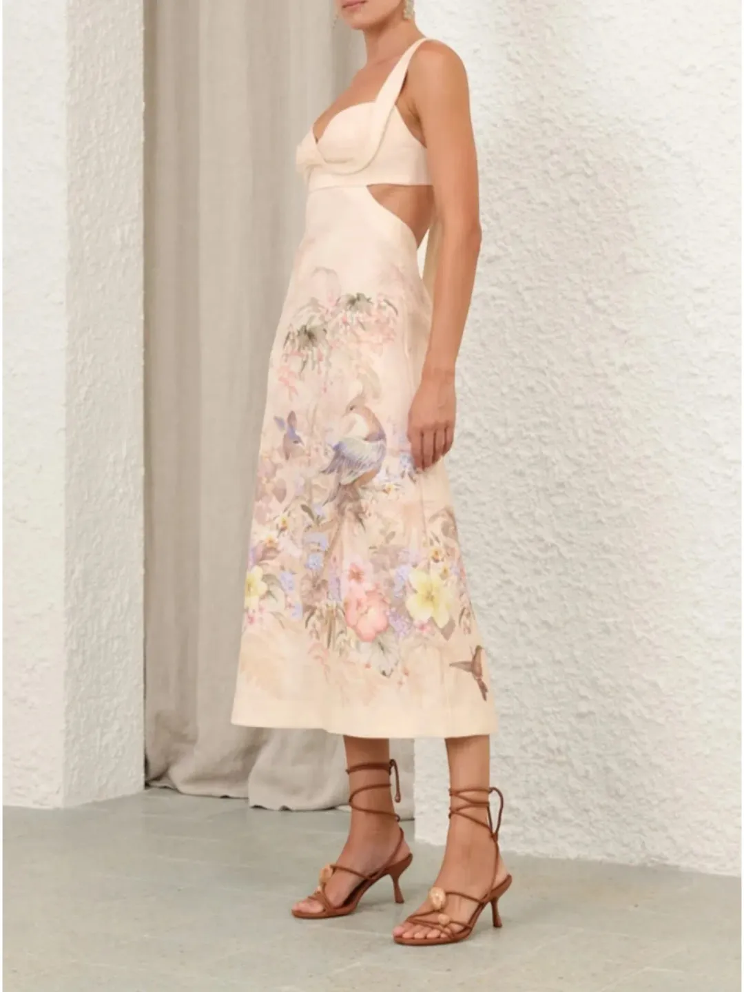 Zimmermann Illuminate Midi Dress Size 3 / AU 14 Linen Floral Print Cut Out Back Bodice Dress for rent on The Volte - main image