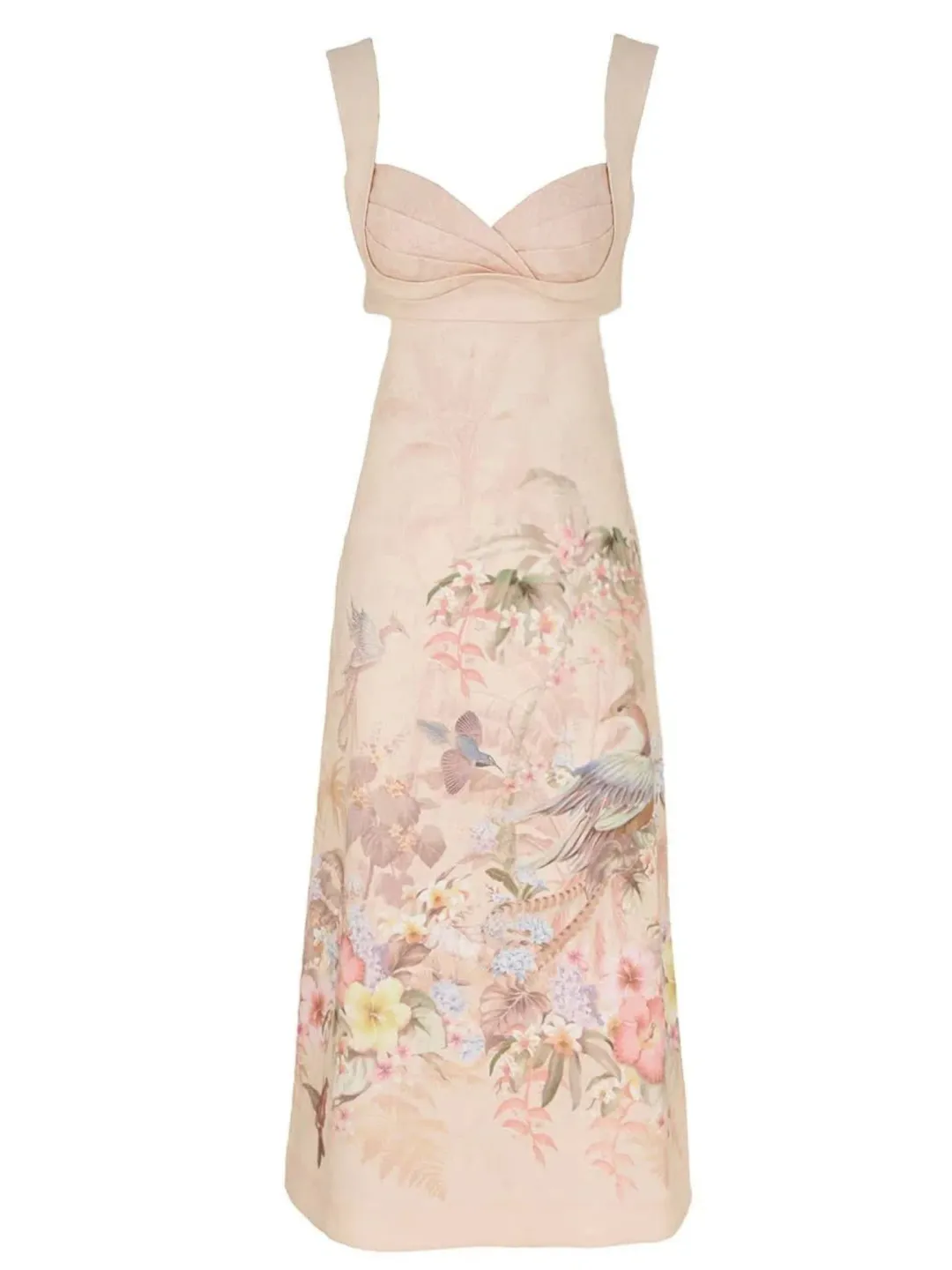 Zimmermann Illuminate Midi Dress Size 3 / AU 14 Linen Floral Print Cut Out Back Bodice Dress for rent on The Volte - main image