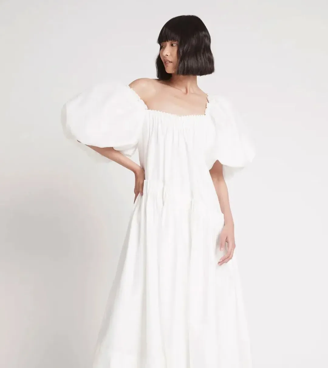 AJE Severine Smock Midi Dress in Ivory Size 8 for rent on The Volte - main image