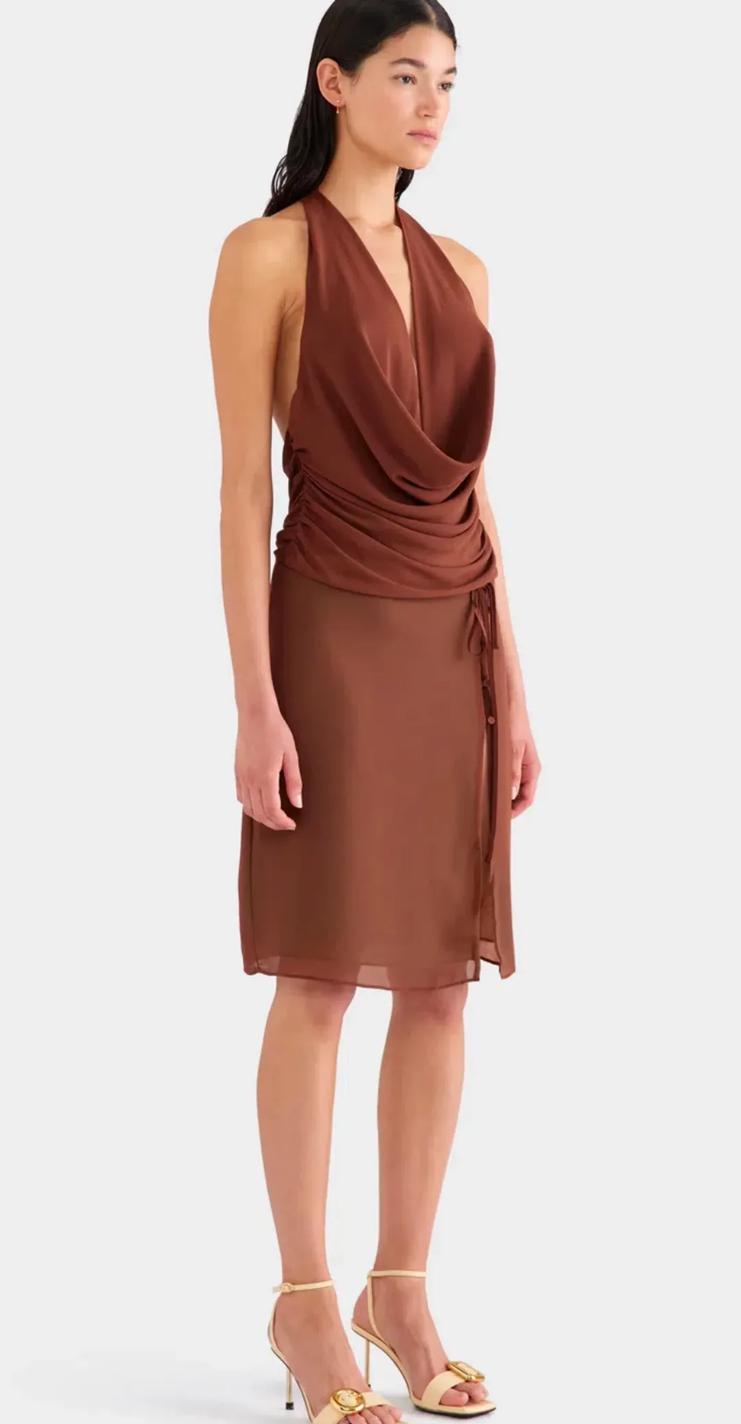 Venroy - Deep Cowl Sheer Silk Halter and Layered Silk Skirt - Chocolate for rent on The Volte - main image