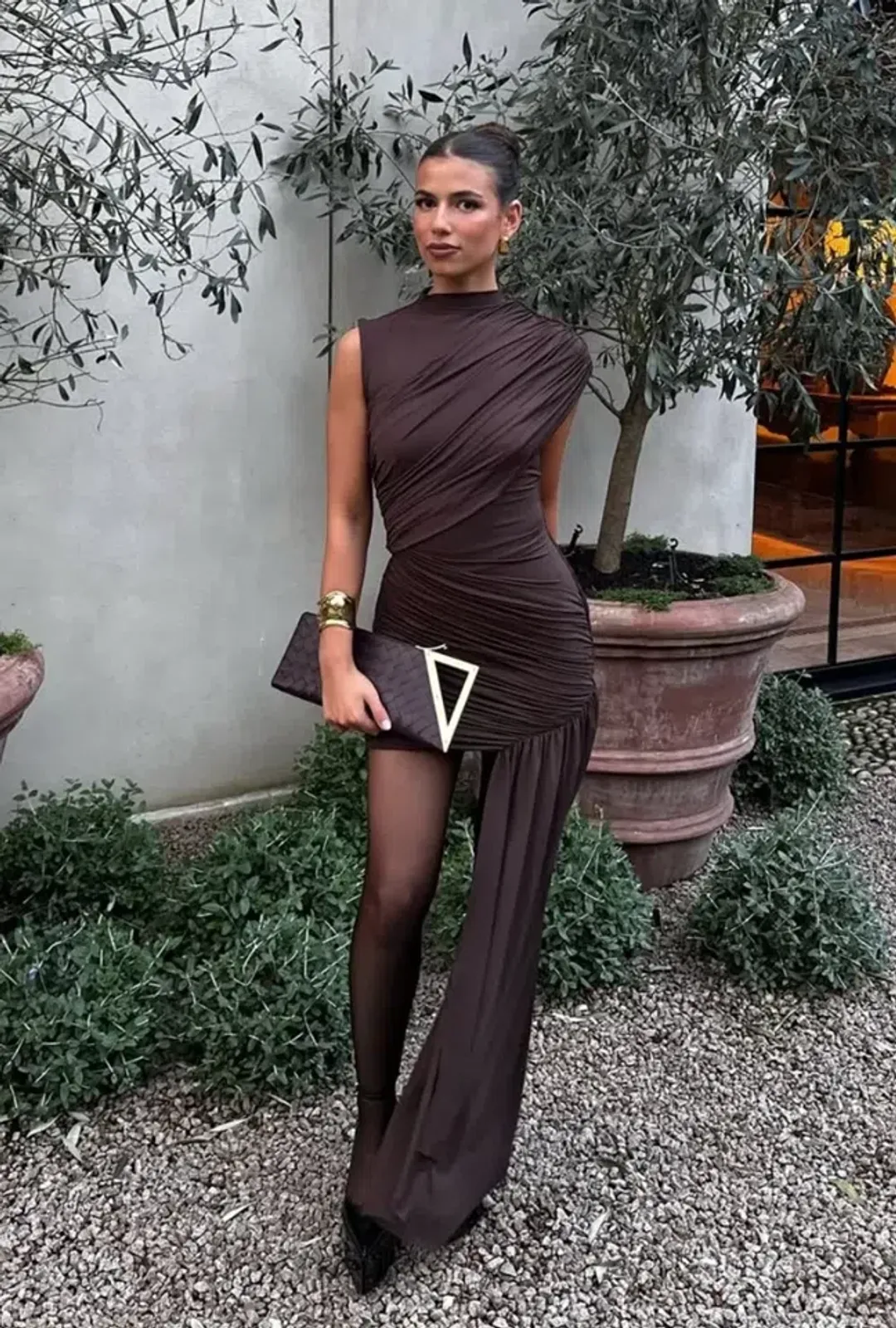 De La Vali Ravenna Mini Dress in Chocolate Brown Jersey Size XS for rent on The Volte - main image