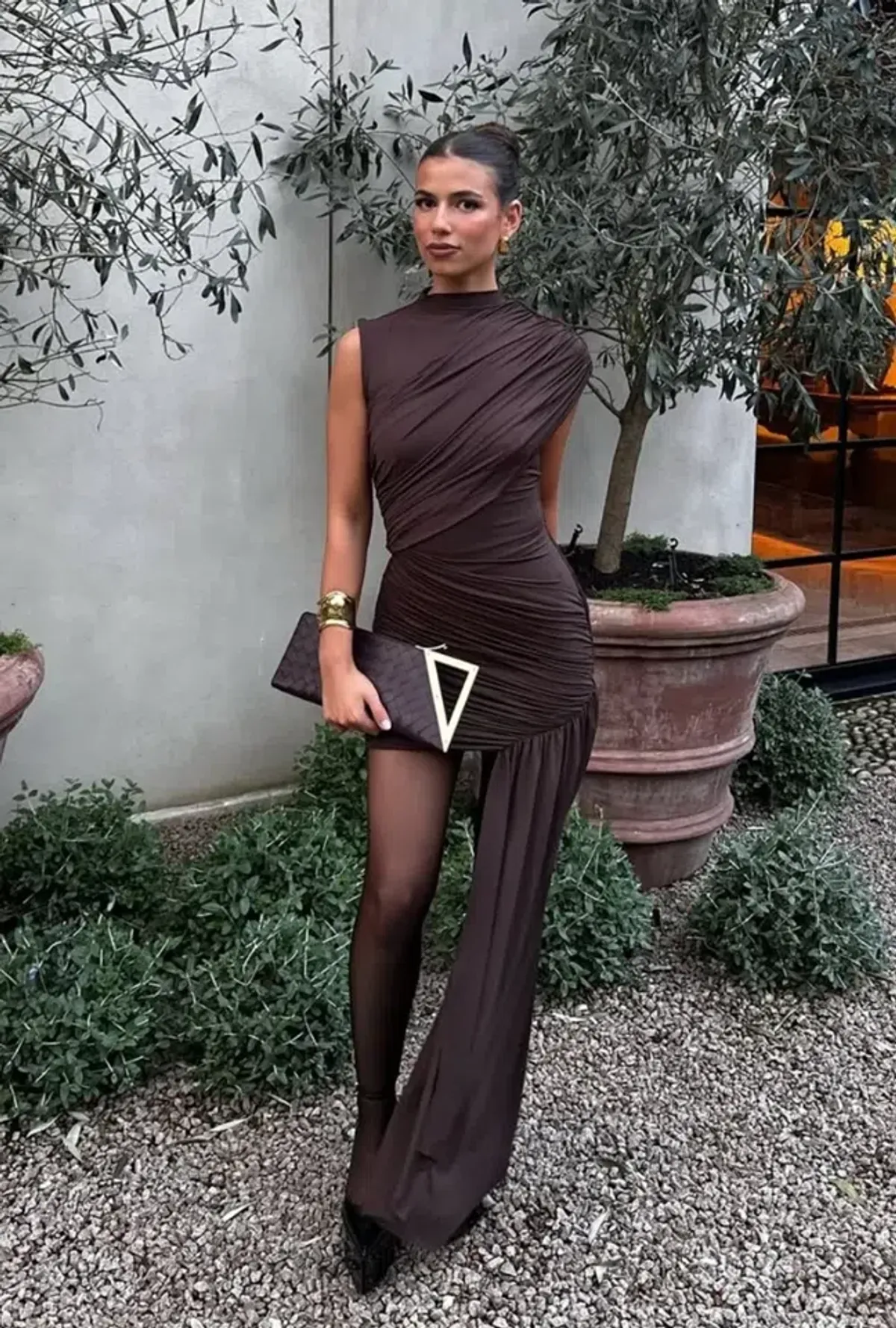 De La Vali Ravenna Mini Dress in Chocolate Brown Jersey Size XS for rent on The Volte - main image