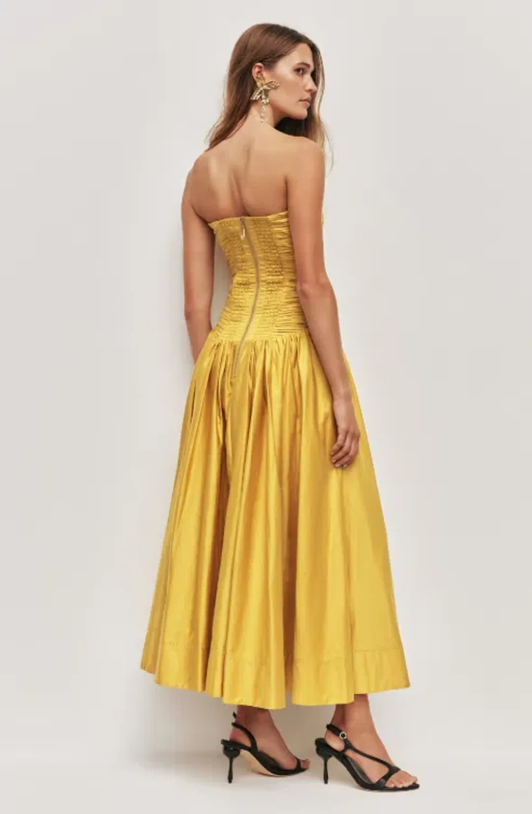 AJE Marigold Chartreuse Strapless Ruched Midi Dress SZ 14 (also fits 12) for rent on The Volte - main image