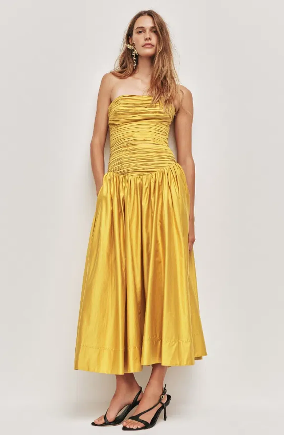 AJE Marigold Chartreuse Strapless Ruched Midi Dress SZ 14 (also fits 12) for rent on The Volte - main image