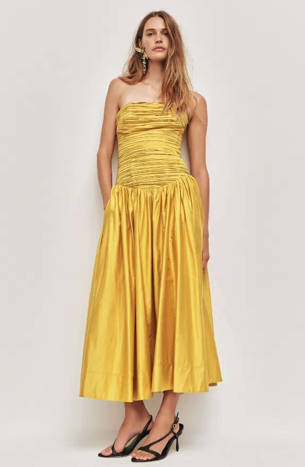 AJE Marigold Chartreuse Strapless Ruched Midi Dress SZ 14 (also fits 12) for rent on The Volte - main image