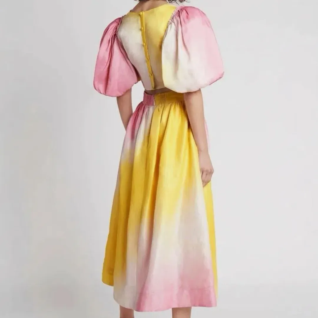 AJE Cloud Burst Cropped Top & Midi Skirt Set Ombre Pink & Yellow SZ 10  for rent on The Volte - main image