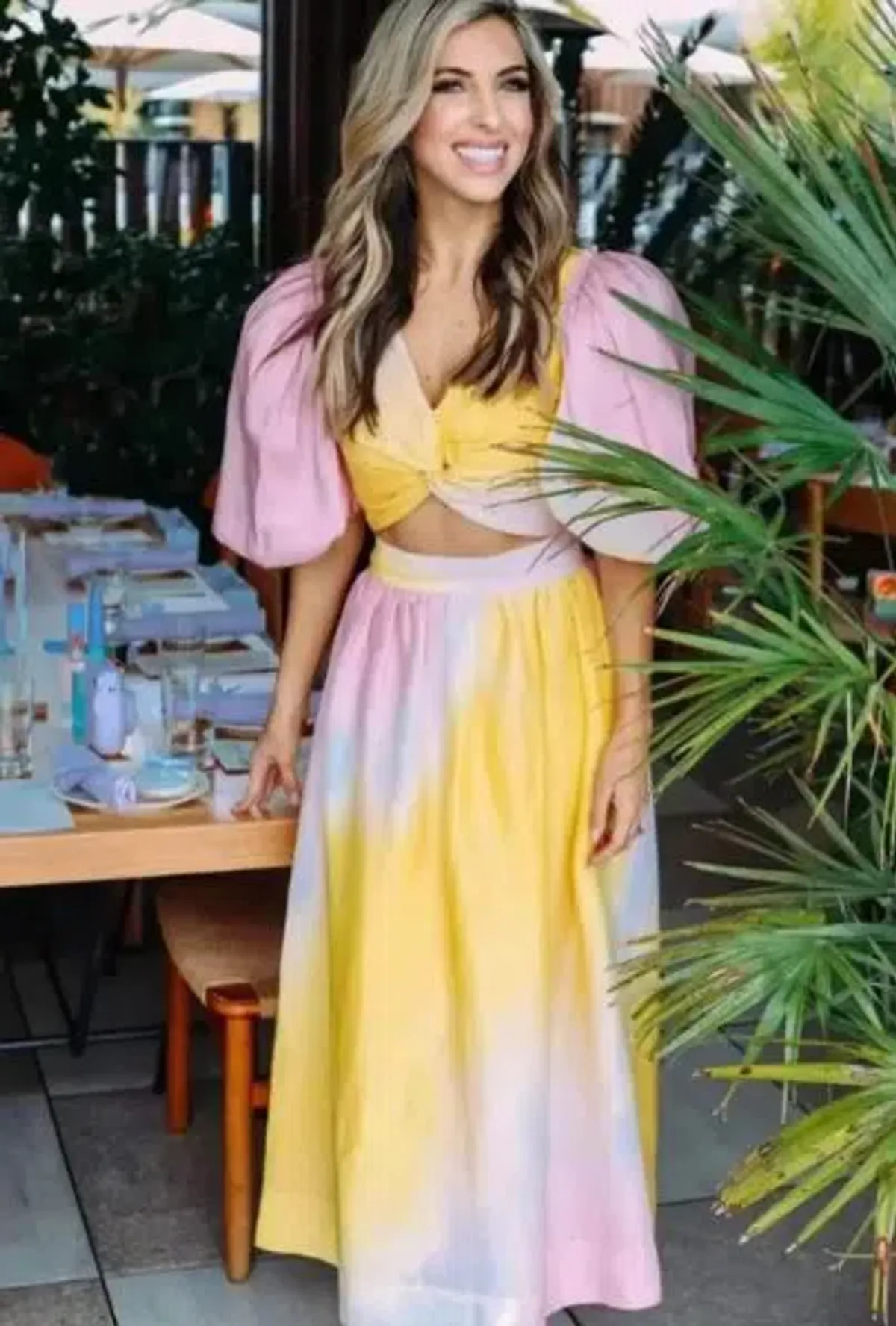 AJE Cloud Burst Cropped Top & Midi Skirt Set Ombre Pink & Yellow SZ 10  for rent on The Volte - main image