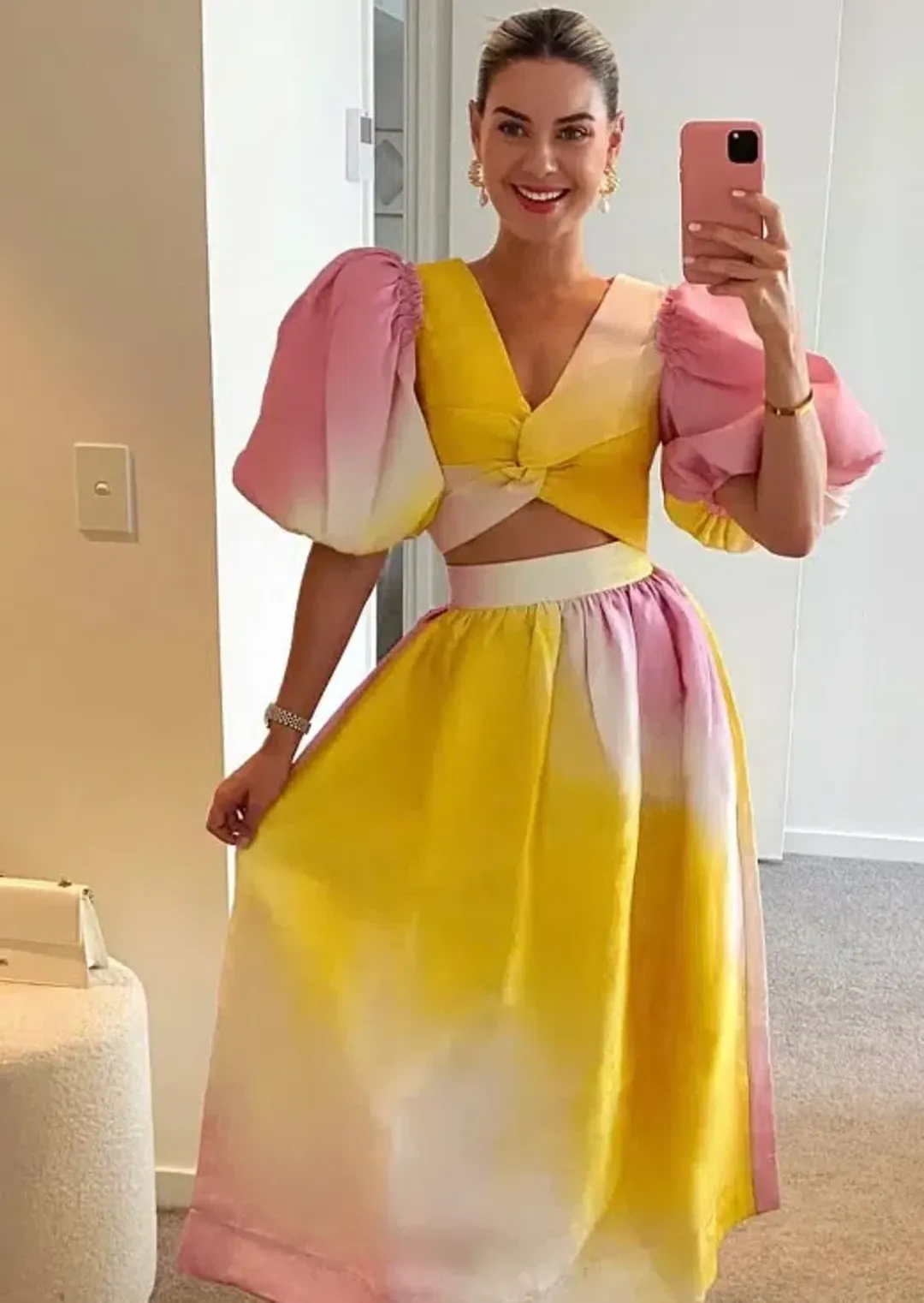 AJE Cloud Burst Cropped Top & Midi Skirt Set Ombre Pink & Yellow SZ 10  for rent on The Volte - main image