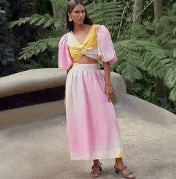 AJE Cloud Burst Cropped Top & Midi Skirt Set Ombre Pink & Yellow SZ 10  for rent on The Volte - image 5