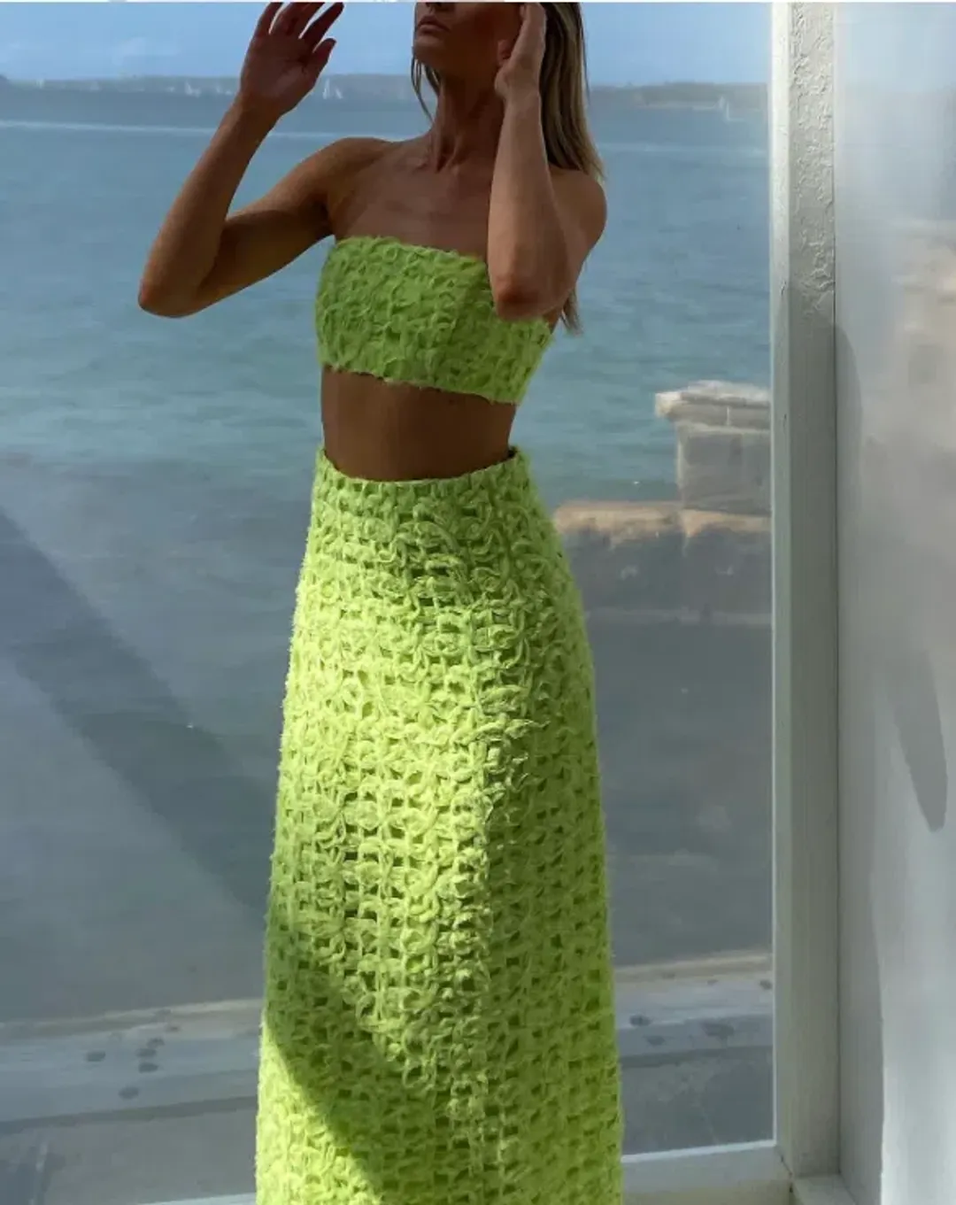 AJE Quintette Lattice Chiffon Bandeau Top & Skirt Set Lime Green SZ 8  for rent on The Volte - main image