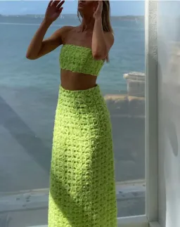 AJE Quintette Lattice Chiffon Bandeau Top & Skirt Set Lime Green SZ 8  for rent on The Volte - image 6