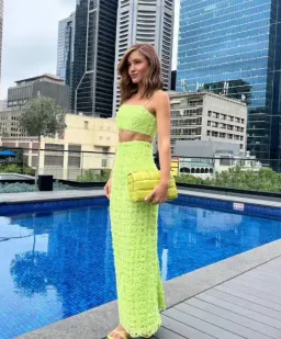 AJE Quintette Lattice Chiffon Bandeau Top & Skirt Set Lime Green SZ 8  for rent on The Volte - image 1
