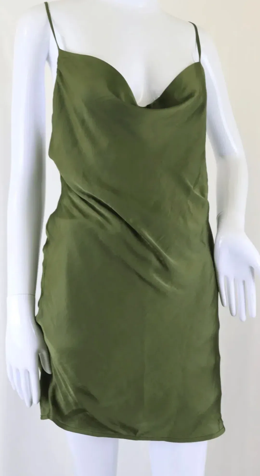 Bardot: Olive Satin Cowl Neck Slip Dress (Size 8) for rent on The Volte - main image