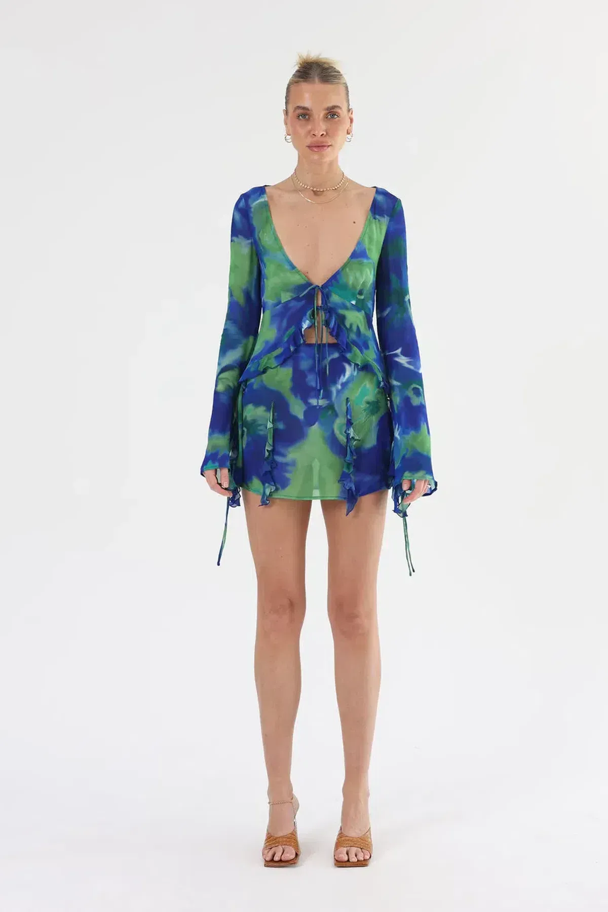 Isabelle Quinn Myla Ruffle Blouse & Ruffle Mini Skirt Size 6 Set Lime & Electric Blue for rent on The Volte - main image