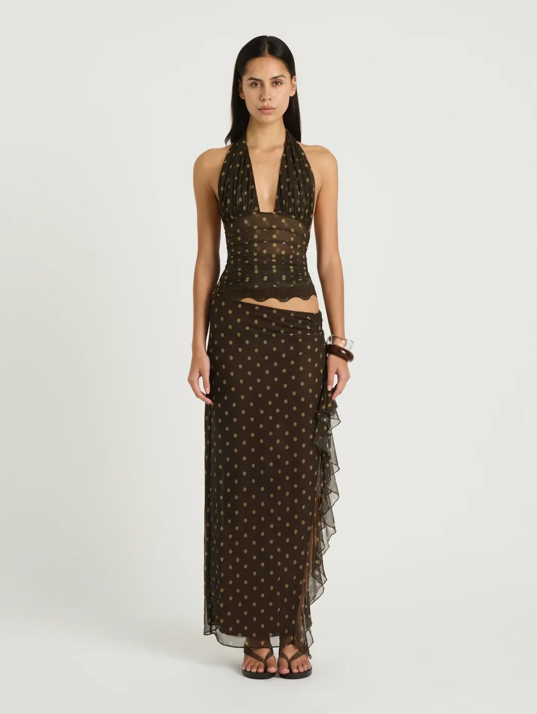 BENNI PENELOPE MAXI DRESS CHOCOLATE POLKA DOT SIZE 8 for rent on The Volte - main image