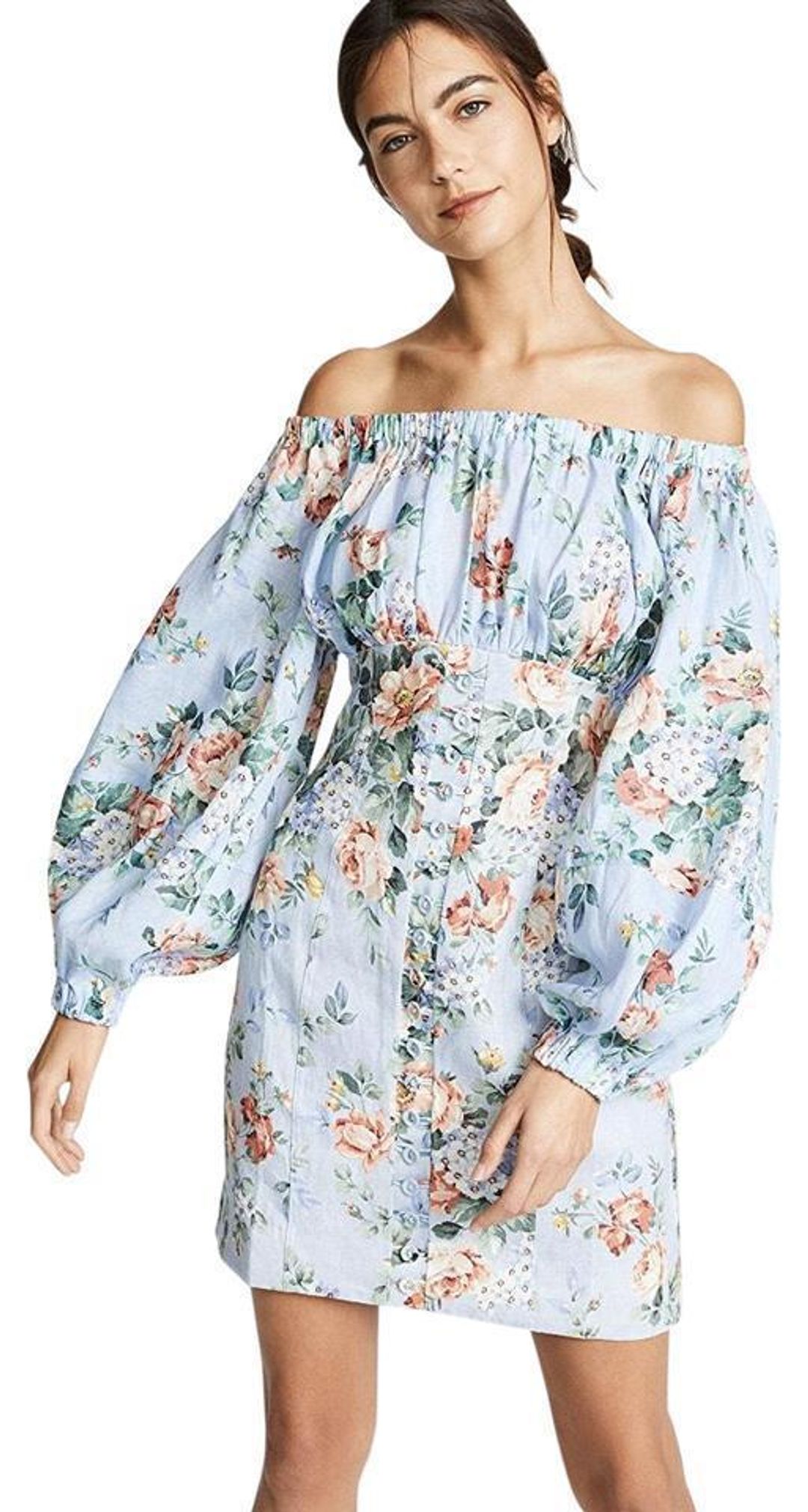 Zimmermann Bowie Off Shoulder Mini Dress In Lilac Floral Print Size 8 for rent on The Volte - main image