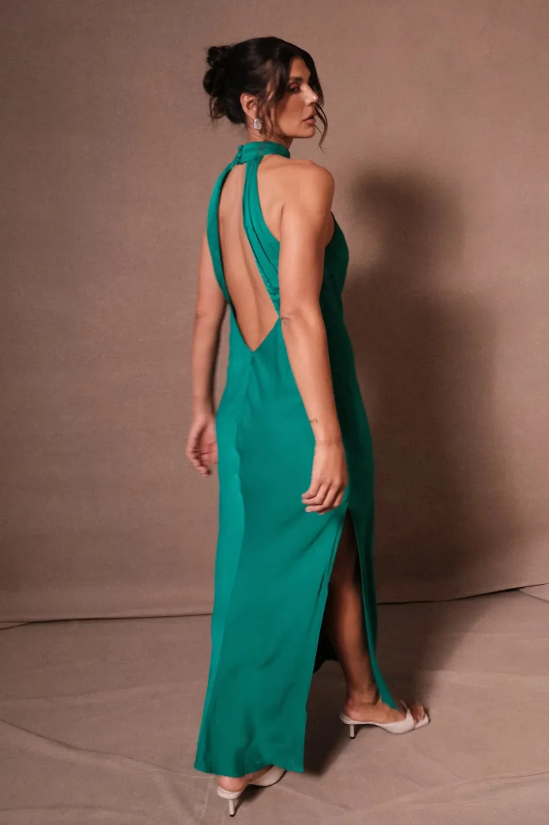 Claire Satin Drape Back Maxi Dress with Split - Green for rent on The Volte - main image