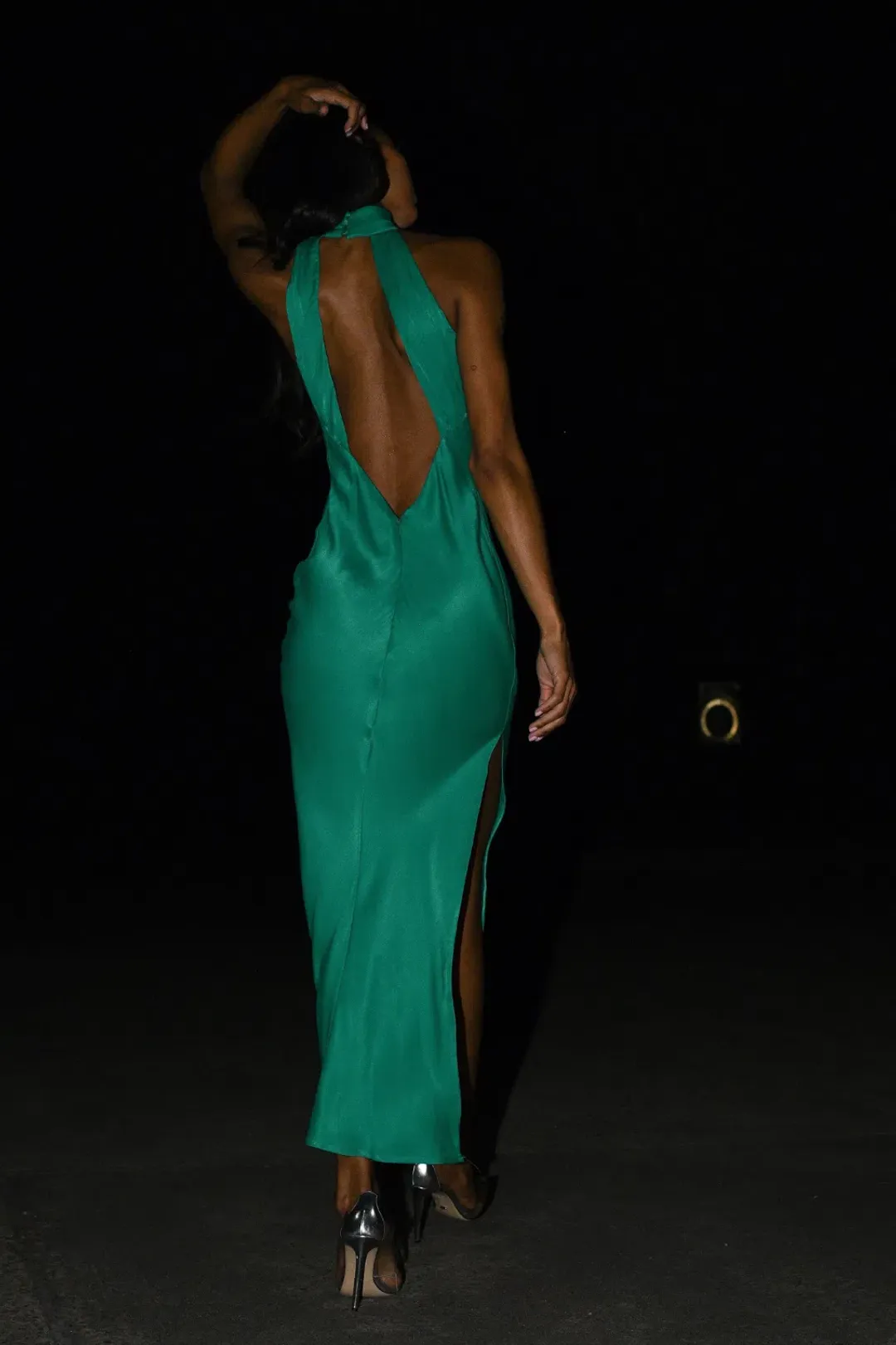 Claire Satin Drape Back Maxi Dress with Split - Green for rent on The Volte - main image