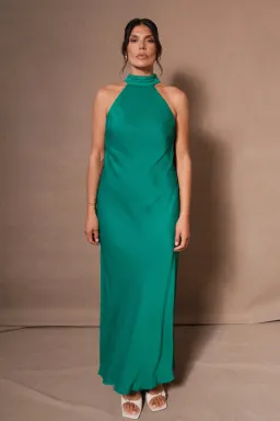 Claire Satin Drape Back Maxi Dress with Split - Green for rent on The Volte - image 1