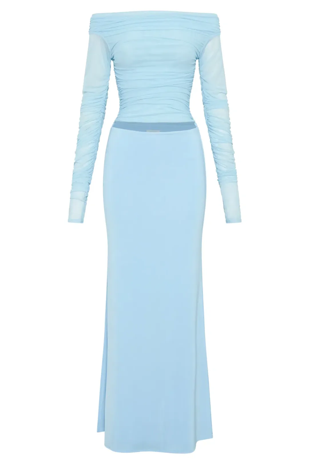 Darla Mesh And Slinky Off Shoulder Maxi Dress - Sky Blue for rent on The Volte - main image