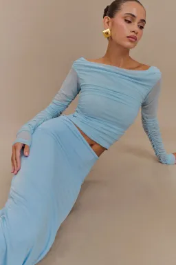 Darla Mesh And Slinky Off Shoulder Maxi Dress - Sky Blue for rent on The Volte - image 3