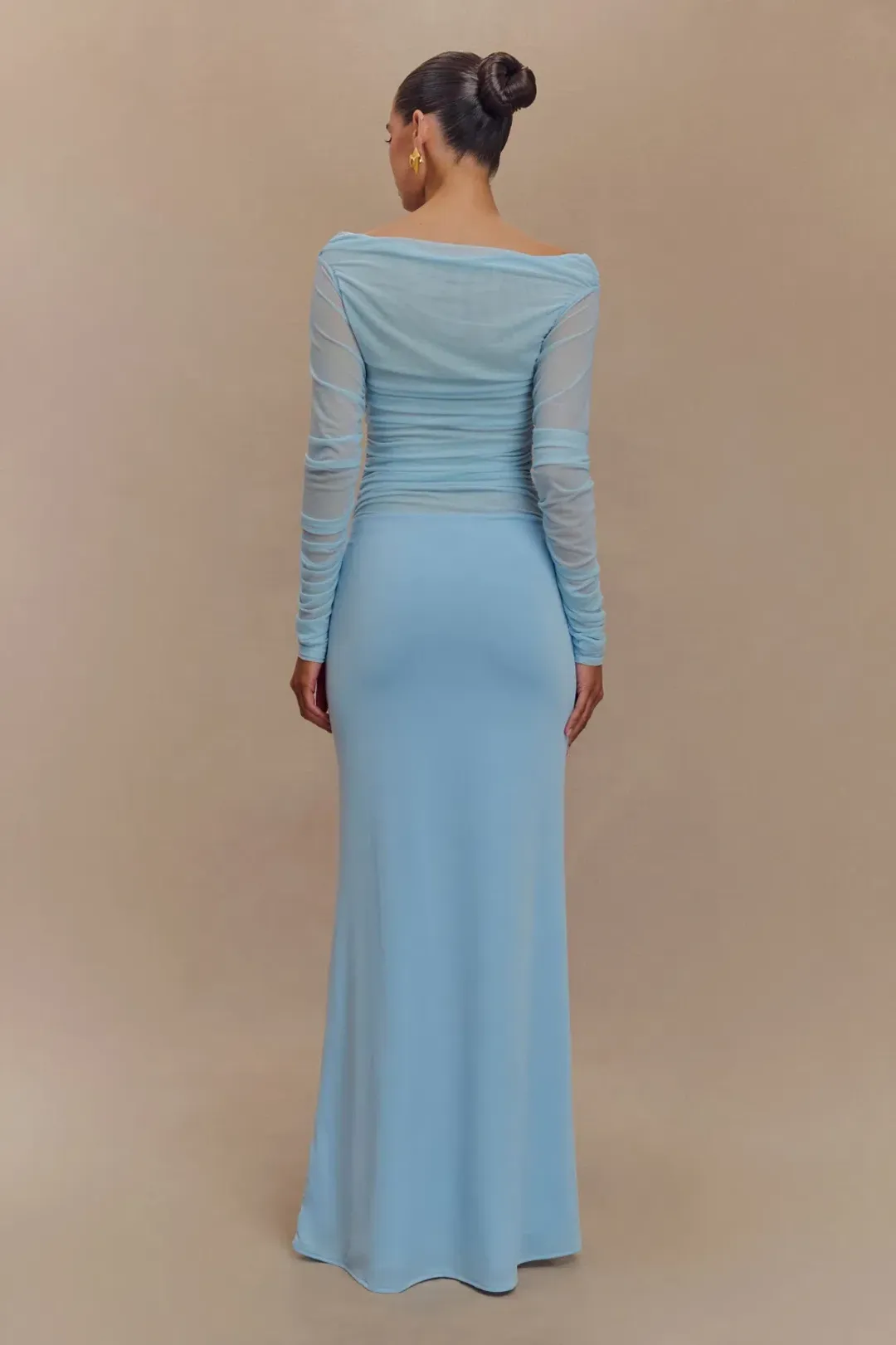 Darla Mesh And Slinky Off Shoulder Maxi Dress - Sky Blue for rent on The Volte - main image