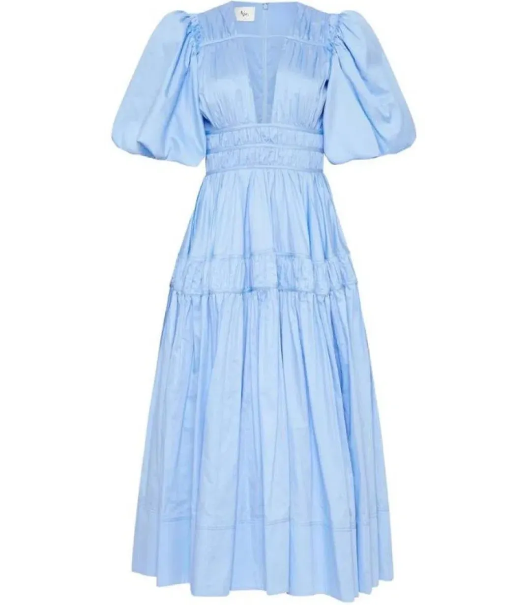 Aje Fallingwater Ruched Midi Dress Pastel Blue Size 12 for rent on The Volte - main image