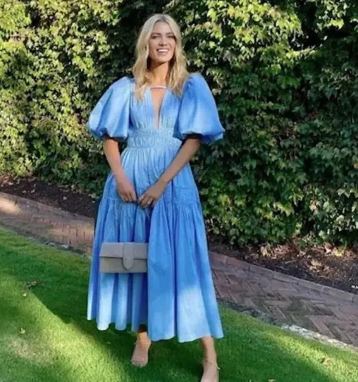 Aje Fallingwater Ruched Midi Dress Pastel Blue Size 12 for rent on The Volte - main image