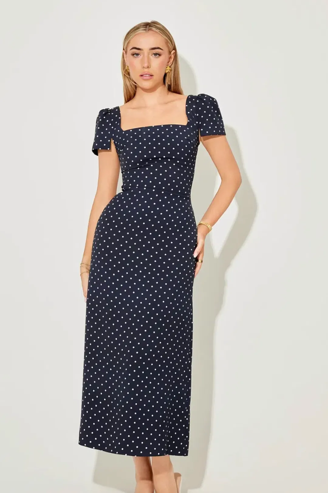 Odd Muse The Ultimate Muse Square Neck Slip Dress Navy Polka Dots SIZE SMALL for rent on The Volte - main image
