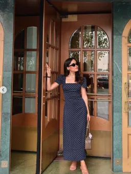 Odd Muse The Ultimate Muse Square Neck Slip Dress Navy Polka Dots SIZE SMALL for rent on The Volte - image 2