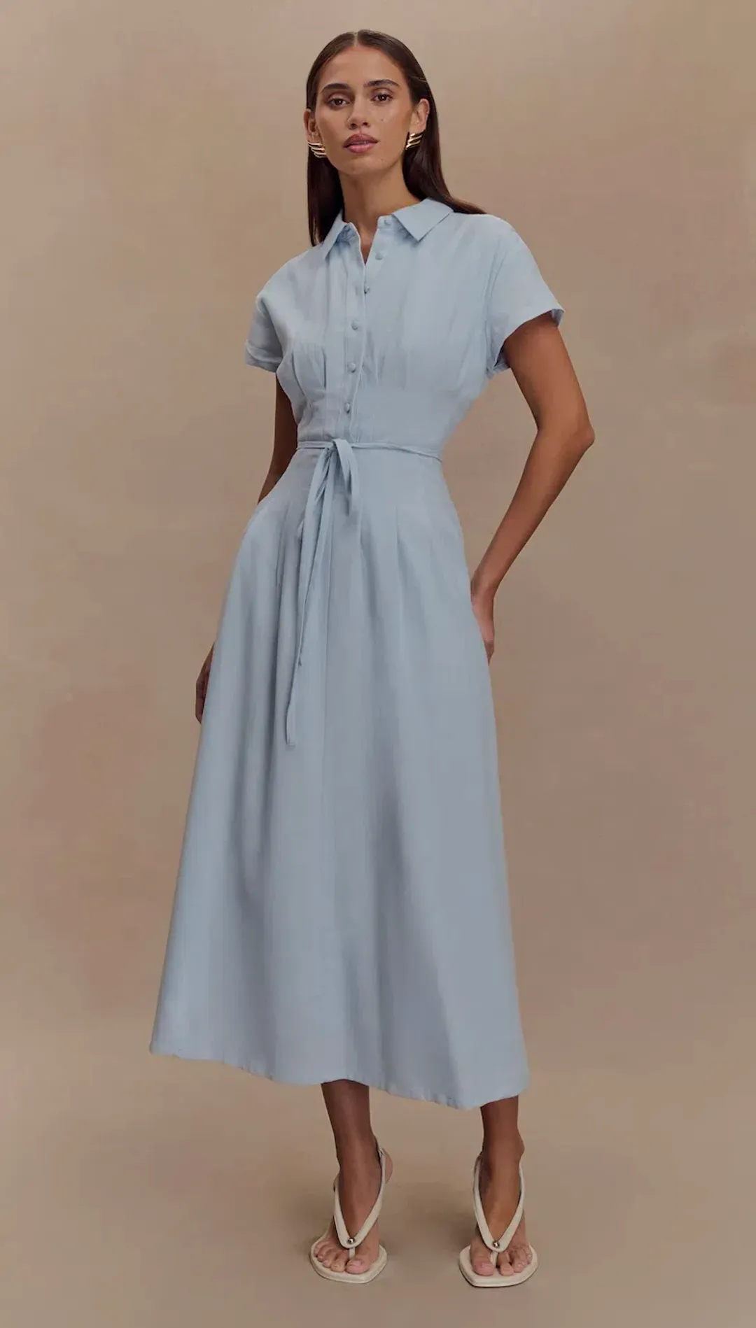 MESHKI Aysha Buttoned Linen Midi Dress - Cornflower Blue - SIZE SMALL for rent on The Volte - main image