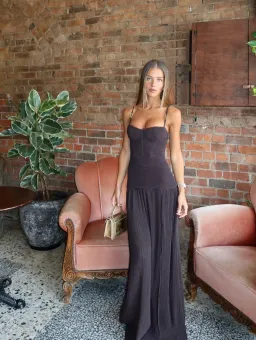 DOUBLE TIME PLEAT DRESS | DARK CHOCOLATE for rent on The Volte - image 3