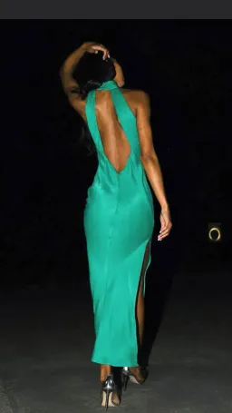 Meshki Claire Satin Drape Back Maxi Dress with Split Green s.8 for rent on The Volte - image 6