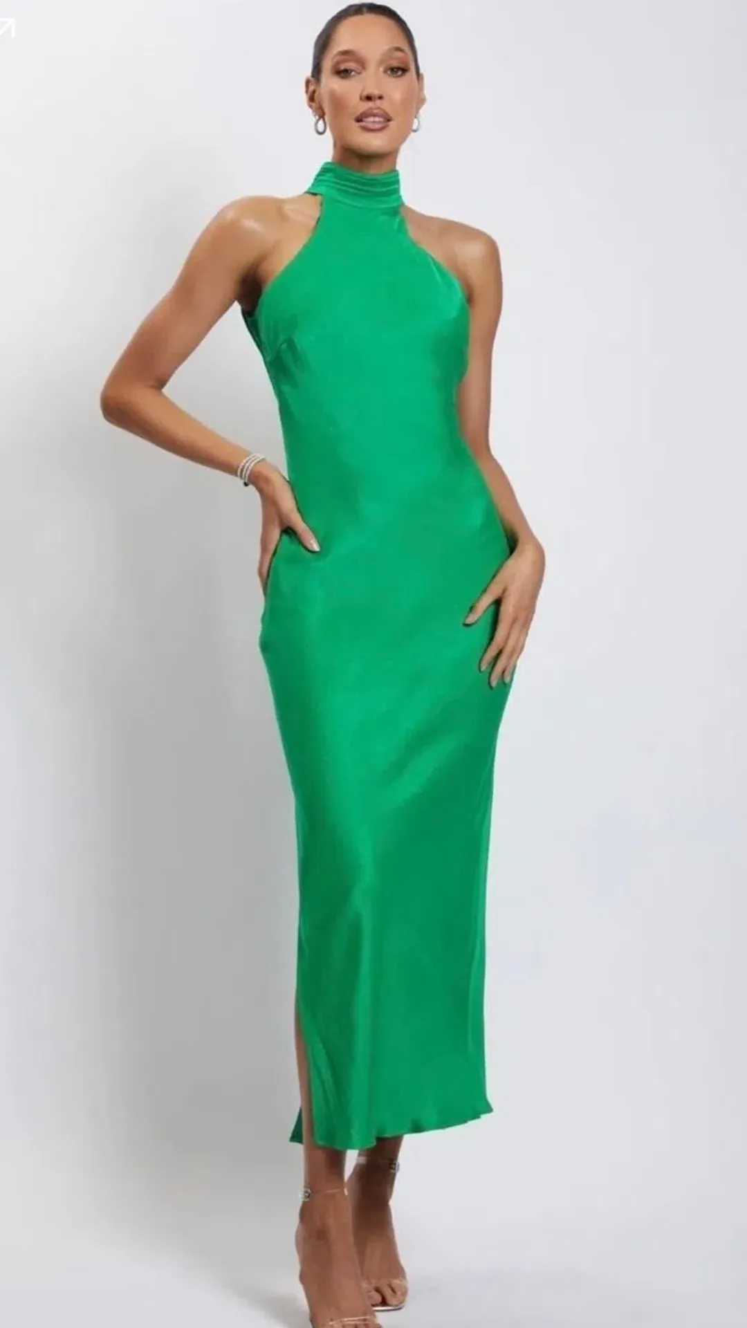 Meshki Claire Satin Drape Back Maxi Dress with Split Green s.8 for rent on The Volte - main image
