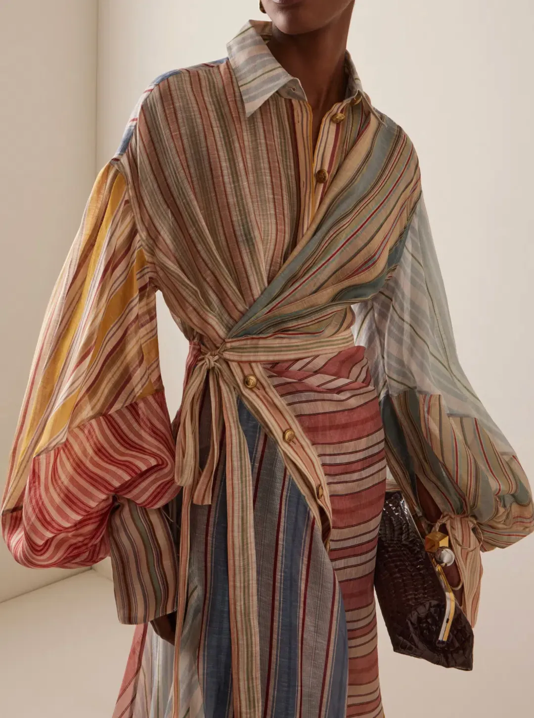 Zimmermann Rebellion Striped Linen-Silk Midi Wrap Shirt Dress, Size 0P/ AU 6 for rent on The Volte - main image