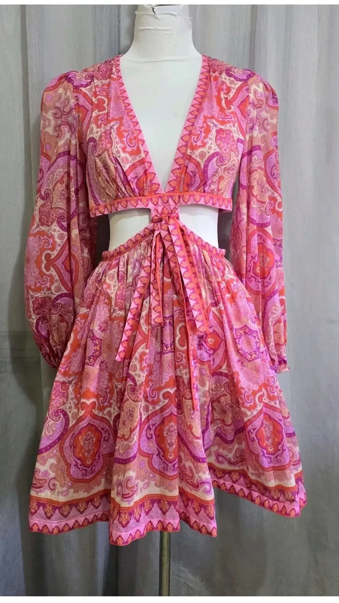 Zimmermann Halcyon Tie Front Mini Dress Pink/Purple Paisley Size 0 / AU 8 for rent on The Volte - main image