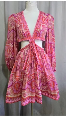 Zimmermann Halcyon Tie Front Mini Dress Pink/Purple Paisley Size 0 / AU 8 for rent on The Volte - image 6