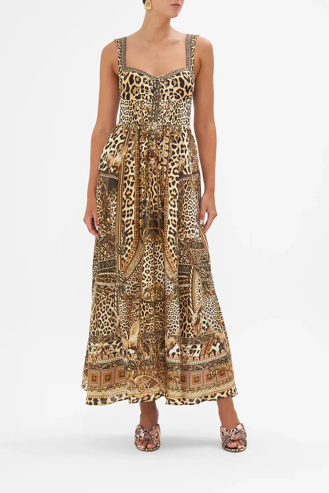 Camilla Standing Ovation Size XL Leopard Linen Eyelet Bustier Dress  for rent on The Volte - main image