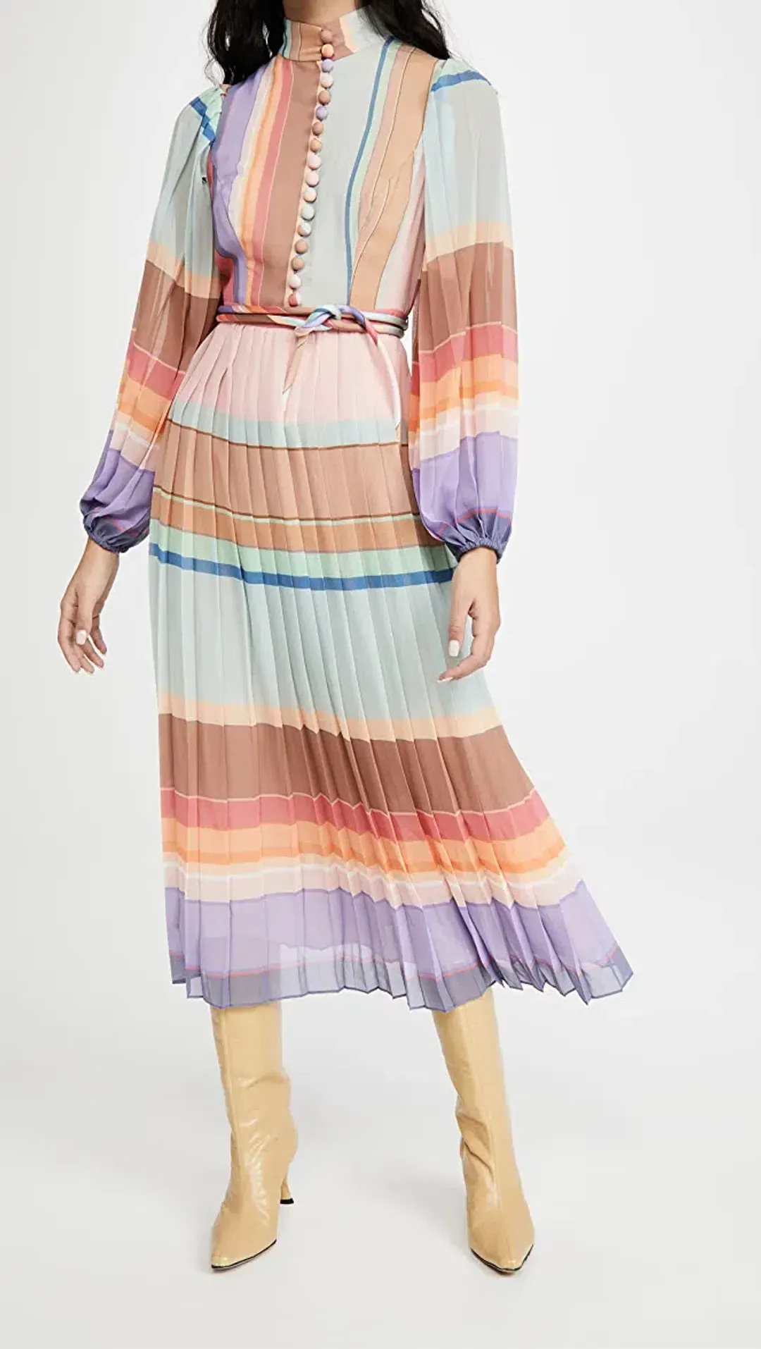 Zimmermann Rainbow Striped Crepe De Chine Midi Dress Multi Size 1 /AU 10 for rent on The Volte - main image