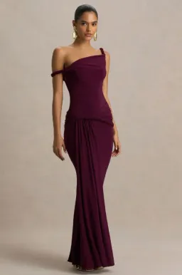 Club L London Tulisa Burgundy Asymmetric-Neck Maxi Dress With Twist Sleeves And Ruched Detailing Size 10 for rent on The Volte - image 3